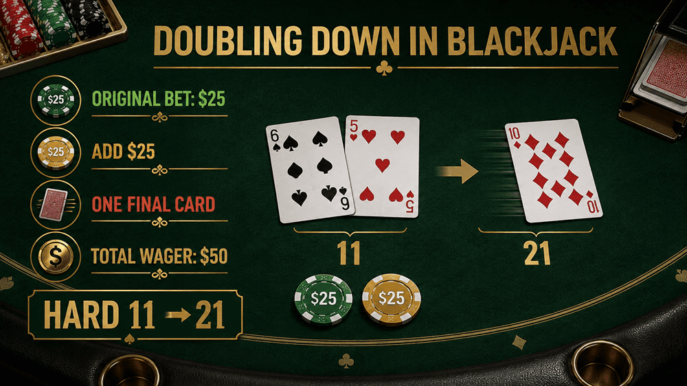 Blackjack double down showing a 25 dollar starting wager, a second 25 dollar chip and one final card