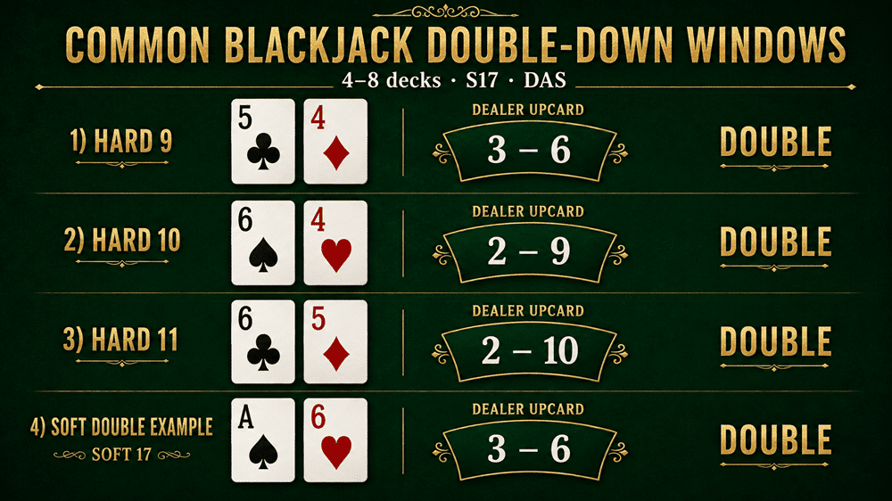 Blackjack double down strategy examples for hard 9, hard 10, hard 11 and soft hands
