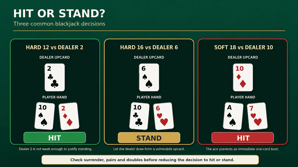 Blackjack hit or stand examples comparing hard 12, hard 16 and soft 18 against dealer upcards
