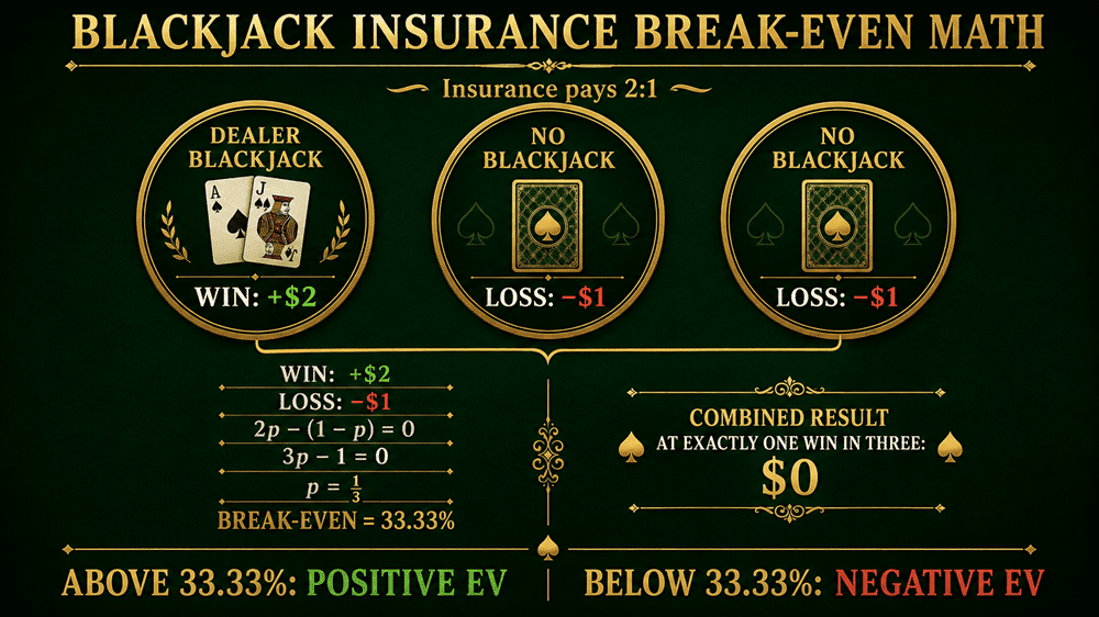 Blackjack insurance break-even calculation showing 2 to 1 payout and one-third probability threshold