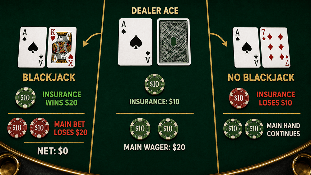 Blackjack insurance showing a 20 dollar main wager, 10 dollar insurance wager and dealer ace
