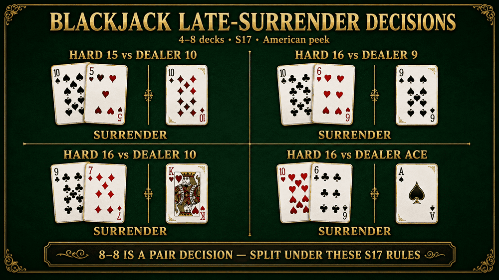 Blackjack ejemplos de estrategia de rendición tardía para 15 y 16 duros bajo las reglas S17