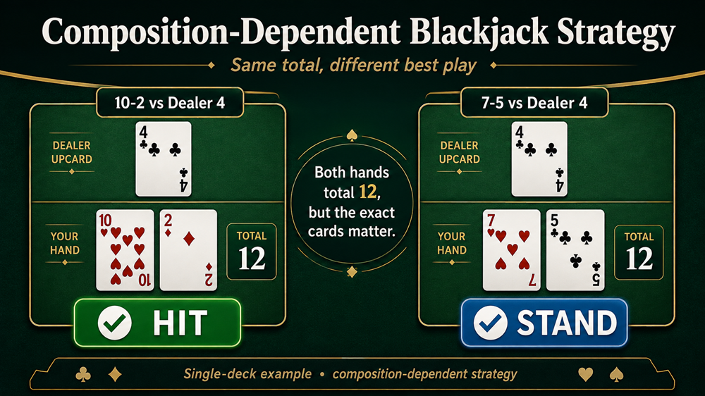 Estrategia de blackjack dependiente de la composición que compara 10-2 y 7-5 contra un crupier 4