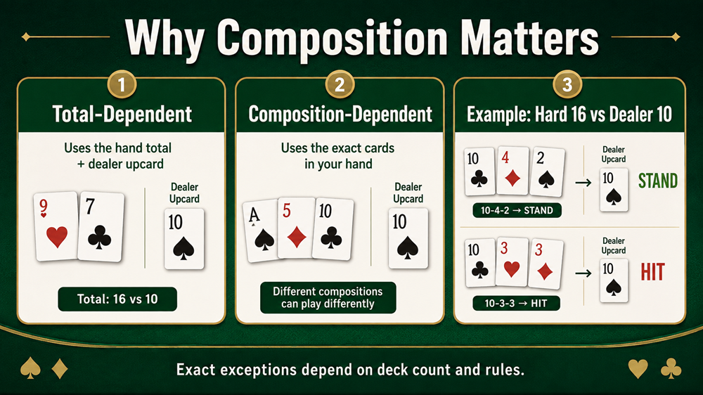 Estrategia de blackjack totalmente dependiente y dependiente de la composición con 16 ejemplos difíciles