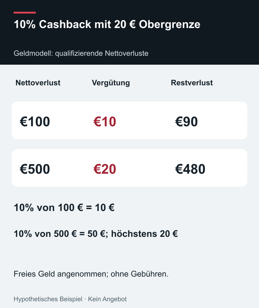 10% Cashback mit 20 € Obergrenze — Geldmodell: qualifizierende Nettoverluste