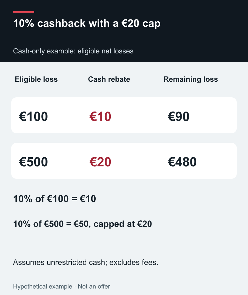 10% cashback with a €20 cap — Cash-only example: eligible net losses