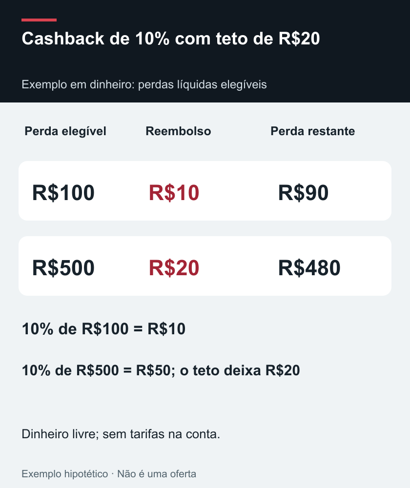 Cashback de 10% com teto de R$20 — Exemplo em dinheiro: perdas líquidas elegíveis