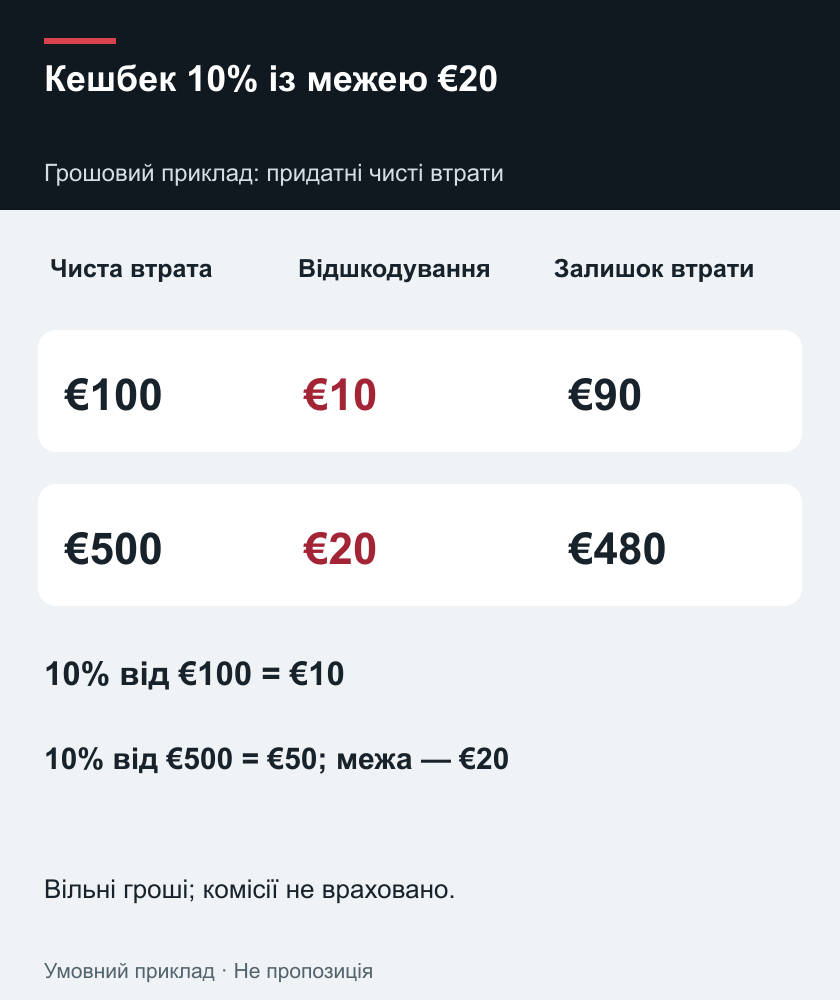 Кешбек 10% із межею €20 — Грошовий приклад: придатні чисті втрати