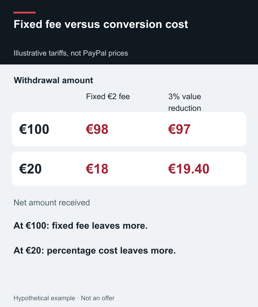 Fixed fee versus conversion cost — Illustrative tariffs, not PayPal prices