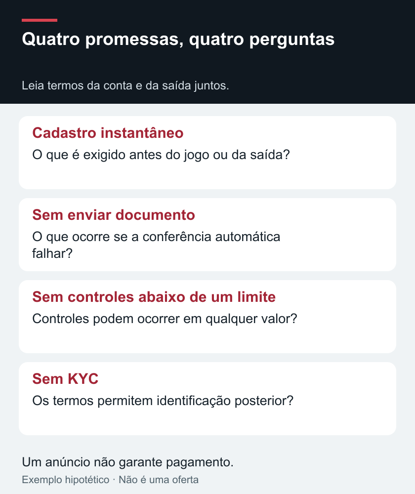 Quatro promessas, quatro perguntas — Leia termos da conta e da saída juntos.